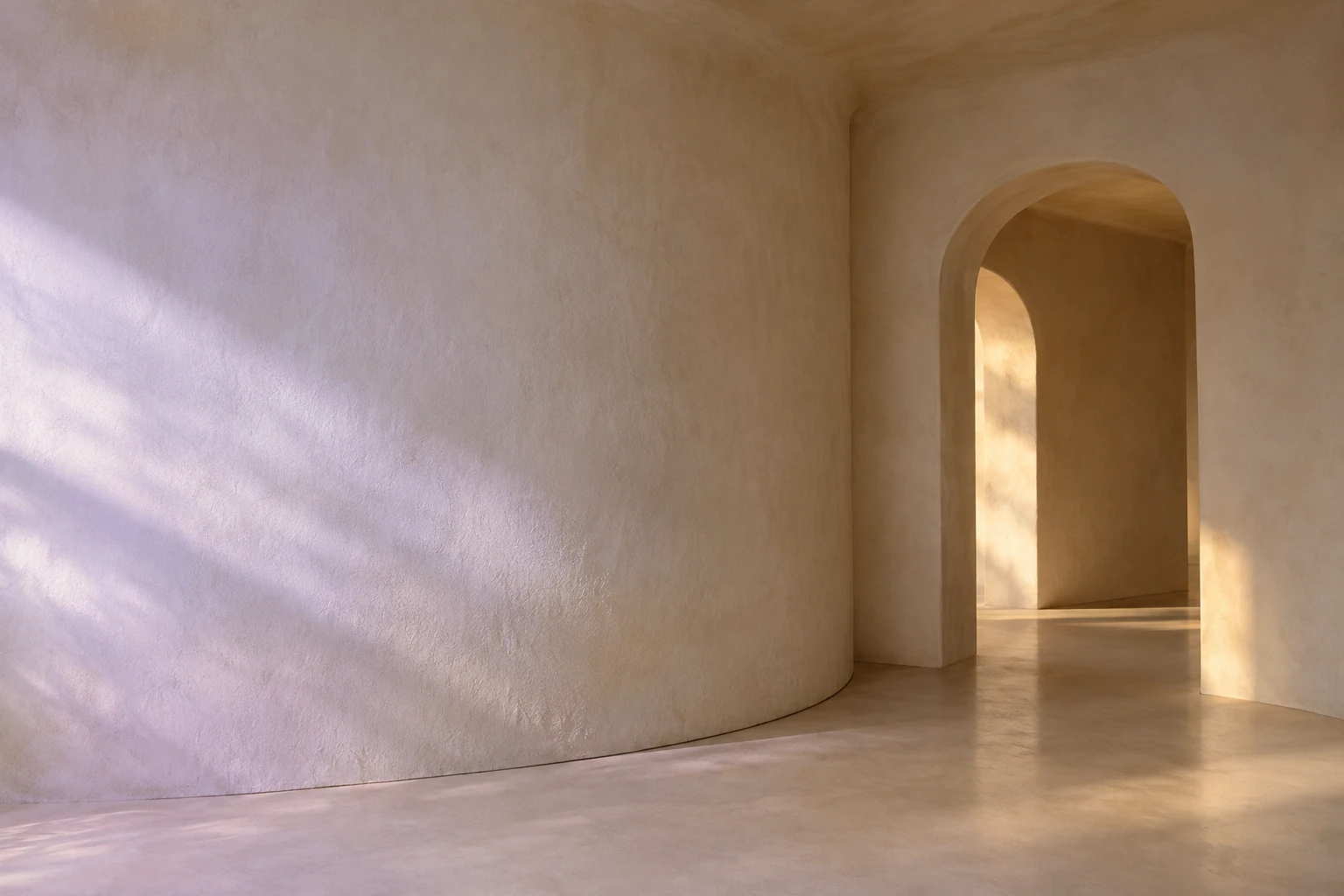 Illustrative architectural study of soft lavender and amber light on cream plaster