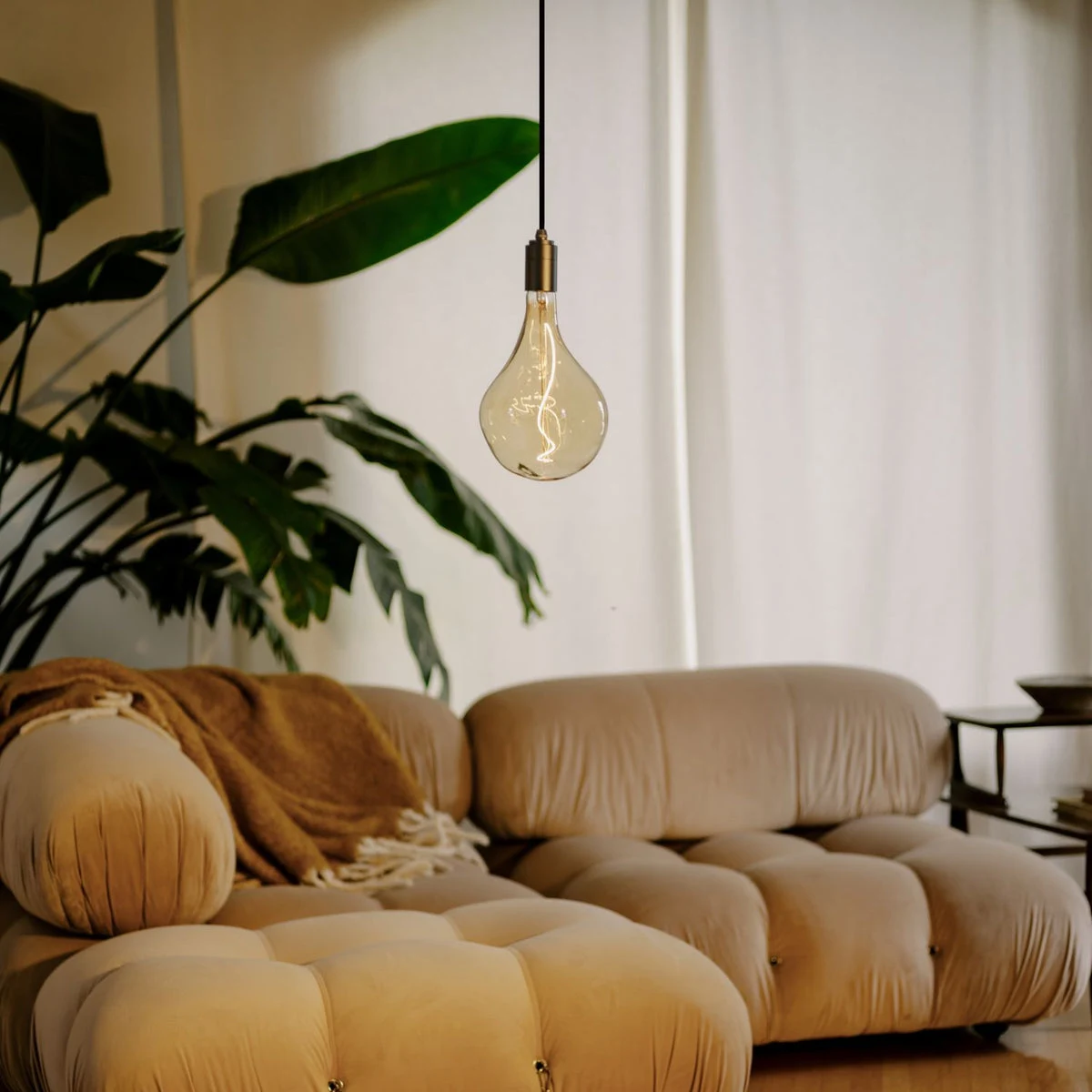 Sculptural glass bulb beside a curved sofa and leafy plants